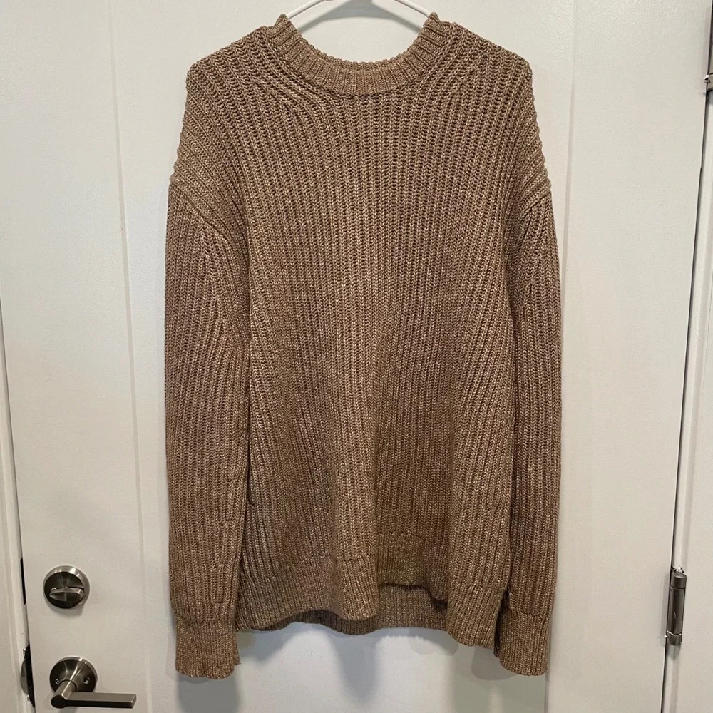 Theory Mens Mars Crew Copula Ribbed Knit Sweater Tan Brown Cotton Blend L1284702